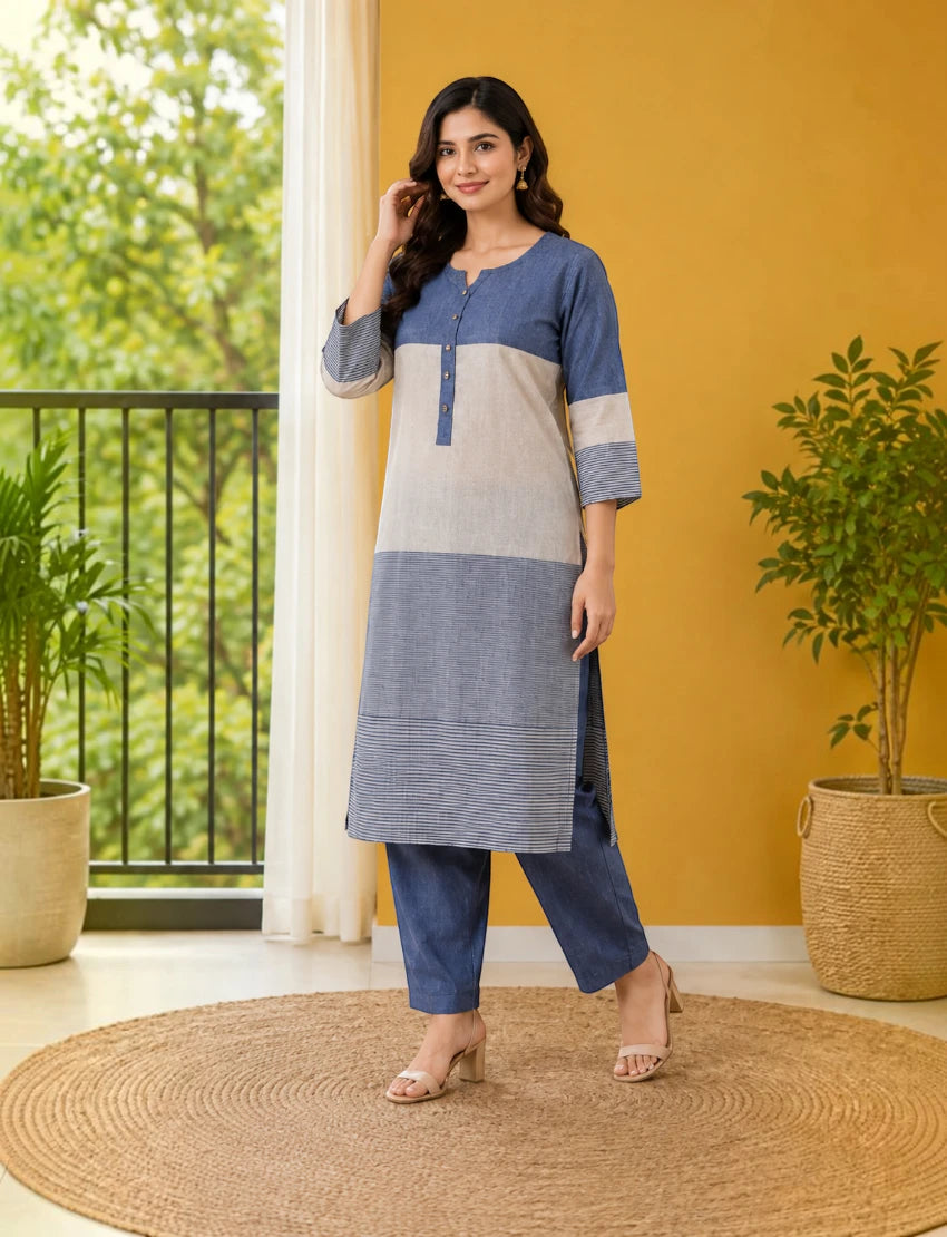 Multicolor Khadi Straight Salwar Suit Set