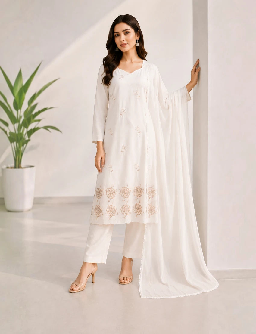 Cotton Salwar Suit Set with Daman Embroidery - Brown