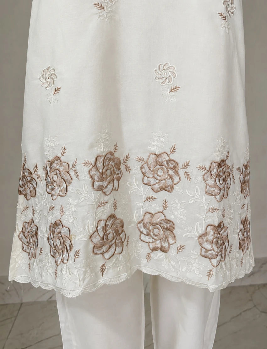 Cotton Salwar Suit Set with Daman Embroidery - Brown