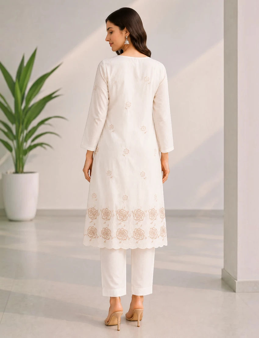 Cotton Salwar Suit Set with Daman Embroidery - Brown