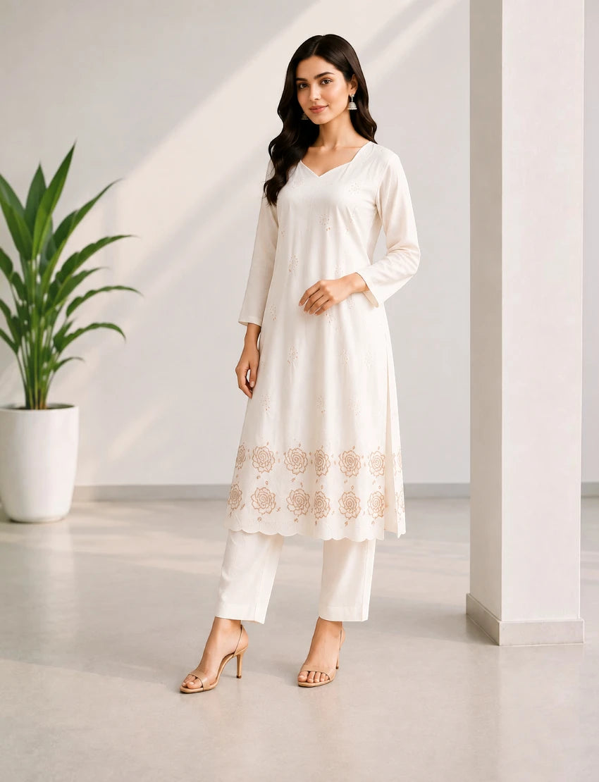 Cotton Salwar Suit Set with Daman Embroidery - Brown