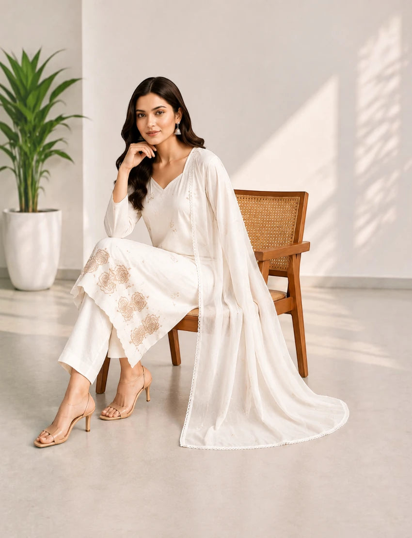 Cotton Salwar Suit Set with Daman Embroidery - Brown