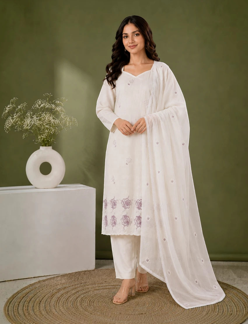 Cotton Salwar Suit Set with Daman Embroidery - Purple