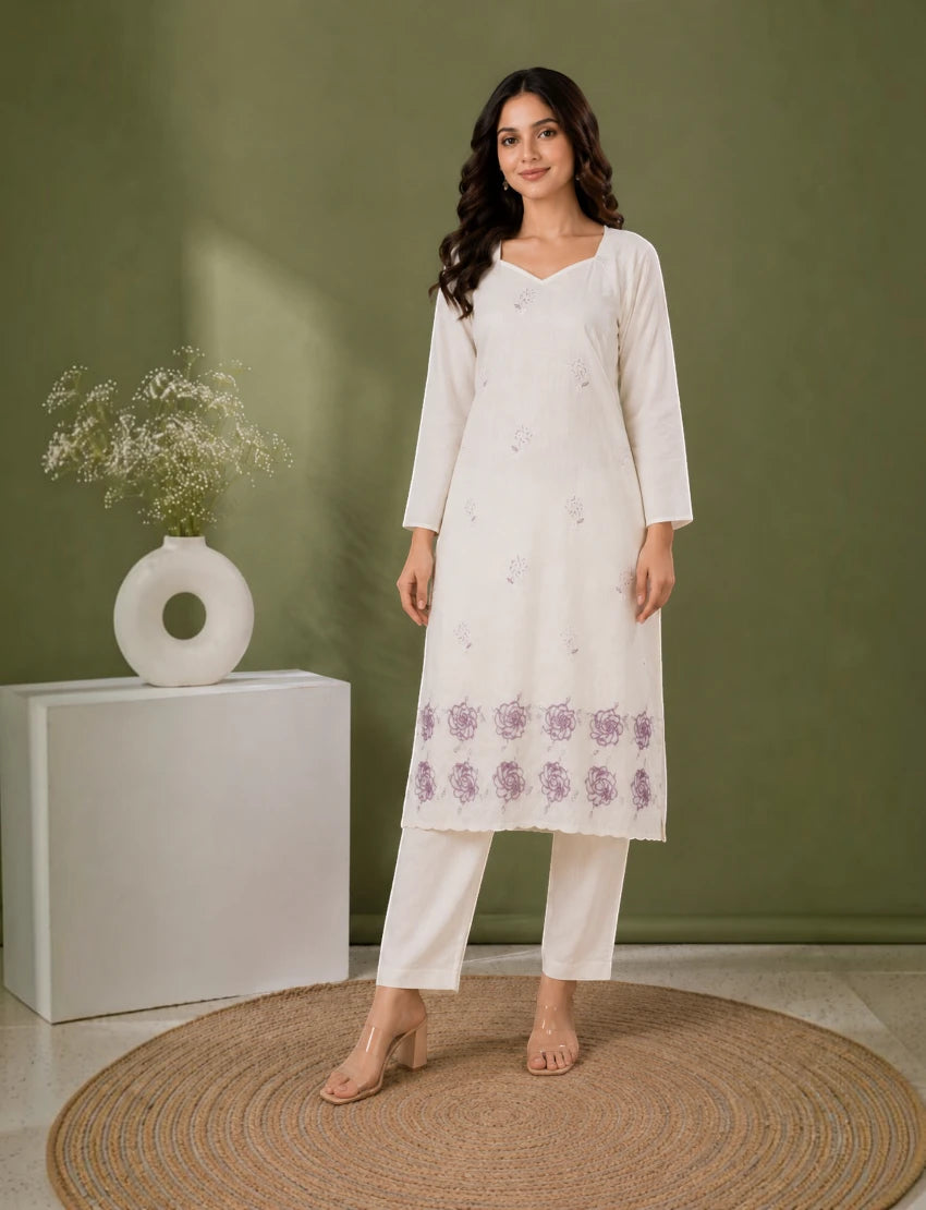 Cotton Salwar Suit Set with Daman Embroidery - Purple