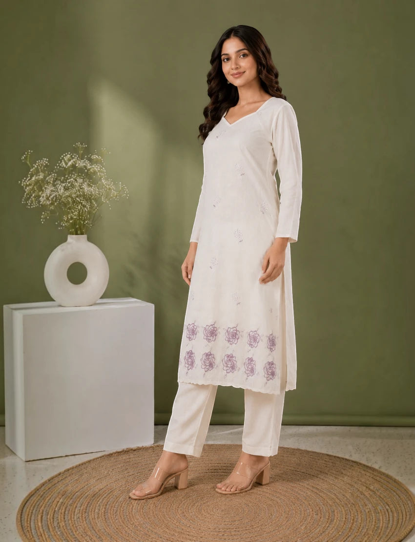 Cotton Salwar Suit Set with Daman Embroidery - Purple