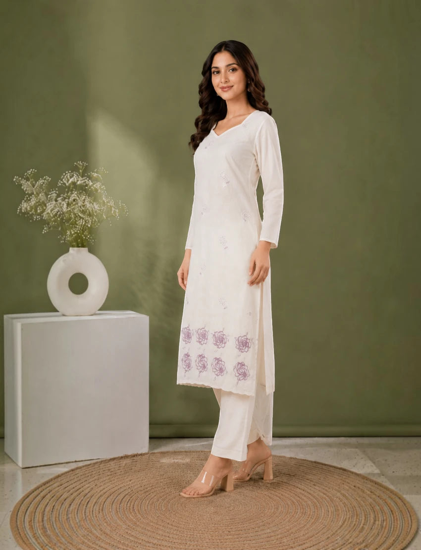 Cotton Salwar Suit Set with Daman Embroidery - Purple