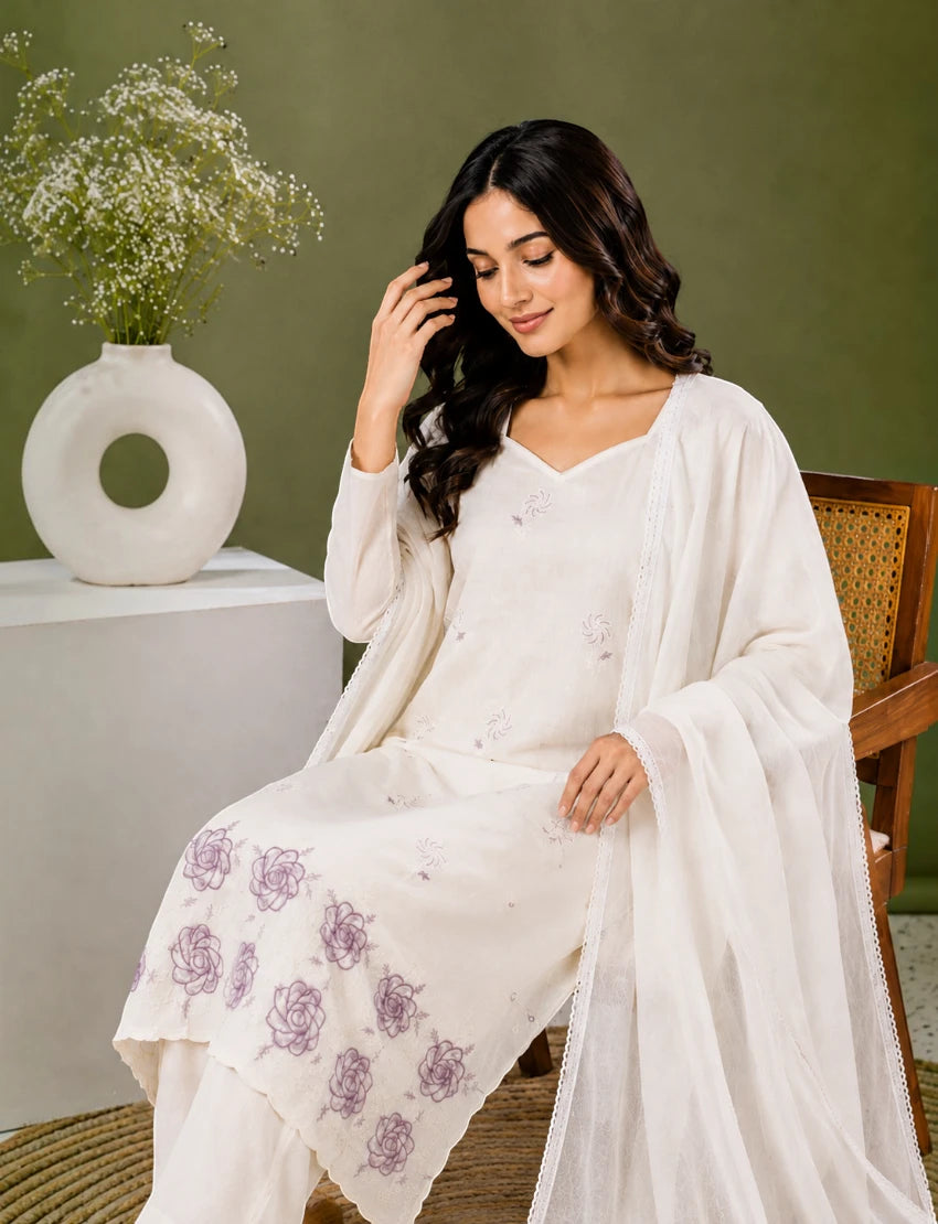 Cotton Salwar Suit Set with Daman Embroidery - Purple