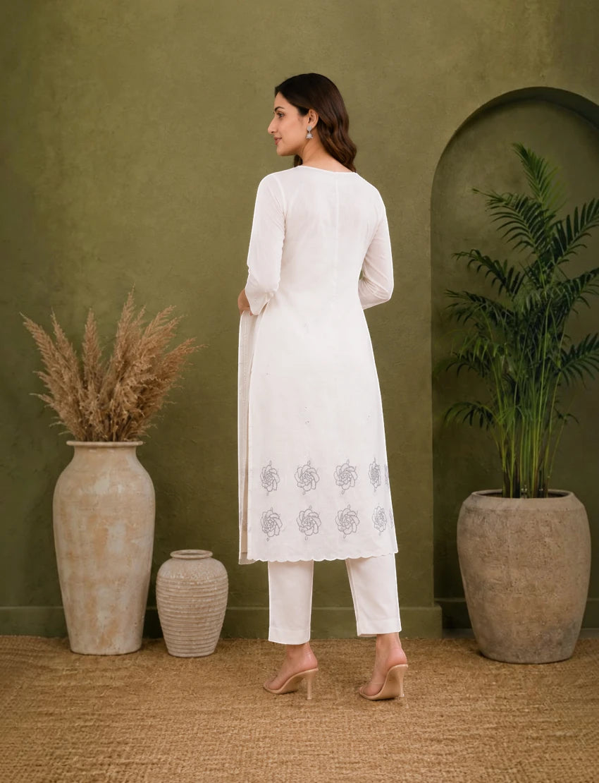 Cotton Salwar Suit Set with Daman Embroidery - Taupe