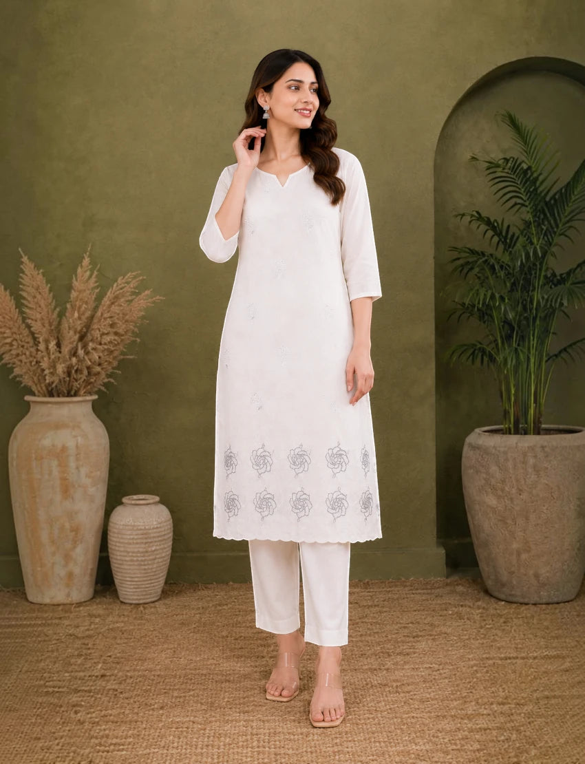 Cotton Salwar Suit Set with Daman Embroidery - Taupe
