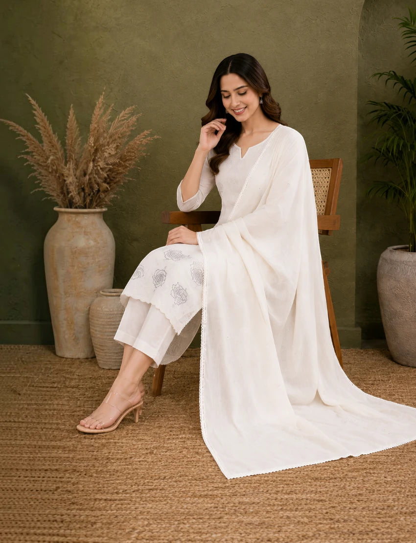 Cotton Salwar Suit Set with Daman Embroidery - Taupe