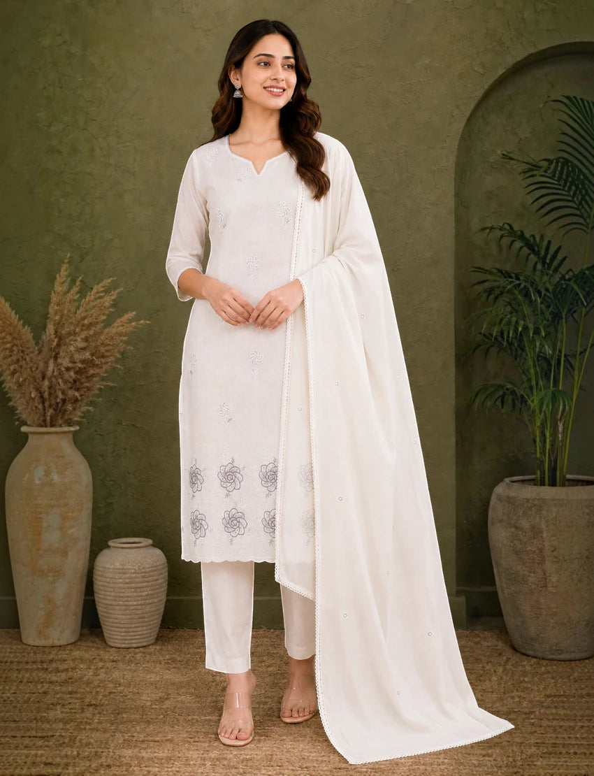 Cotton Salwar Suit Set with Daman Embroidery - Taupe