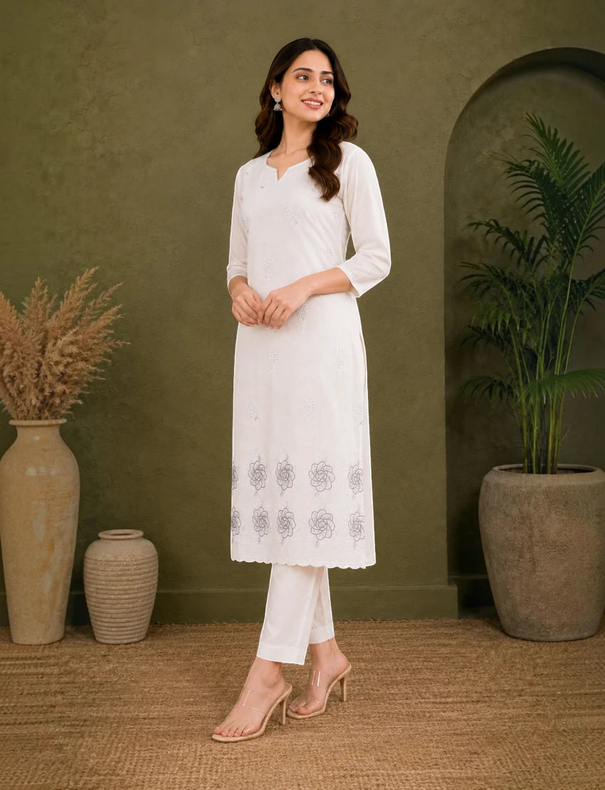 Cotton Salwar Suit Set with Daman Embroidery - Taupe