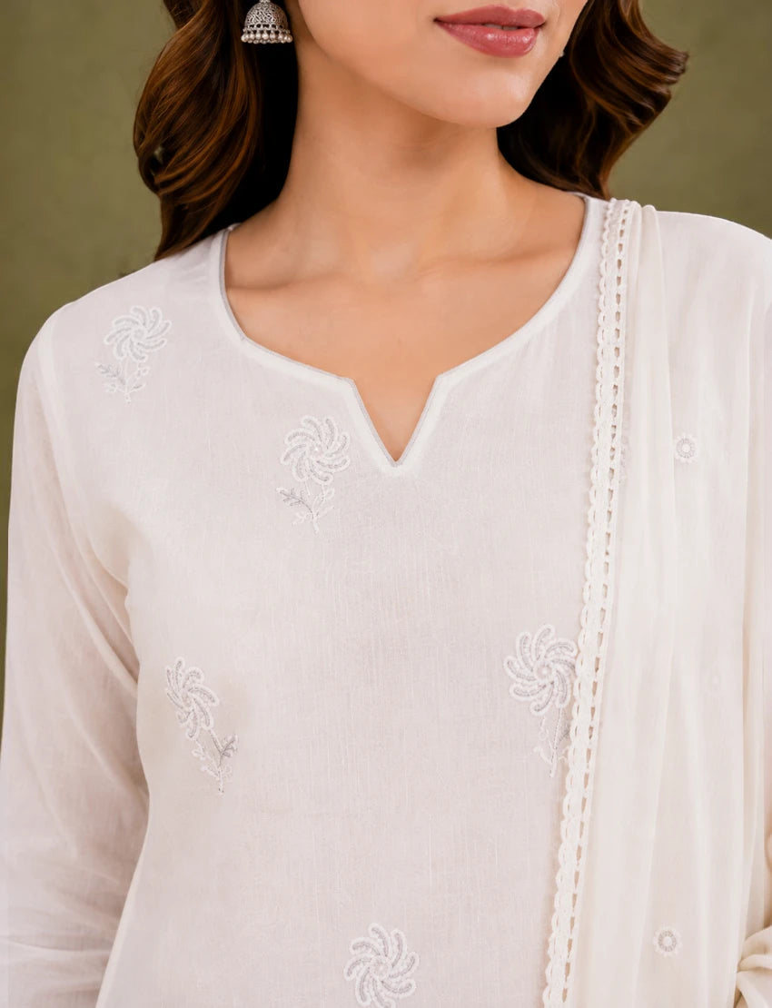 Cotton Salwar Suit Set with Daman Embroidery - Taupe