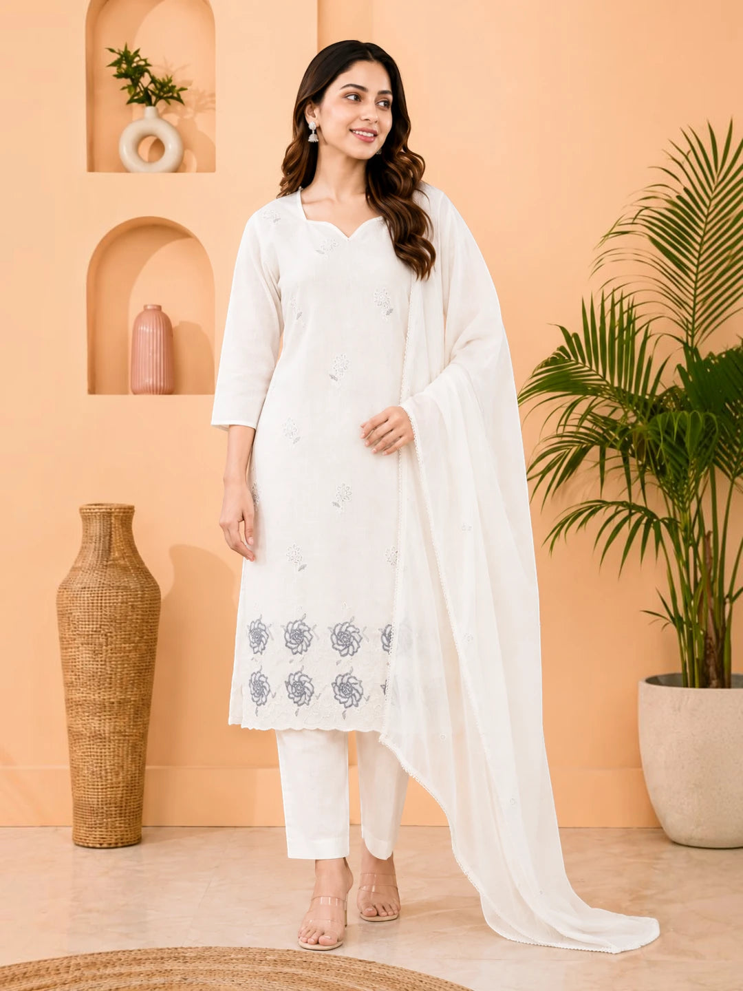 Cotton Salwar Suit Set with Daman Embroidery - Grey