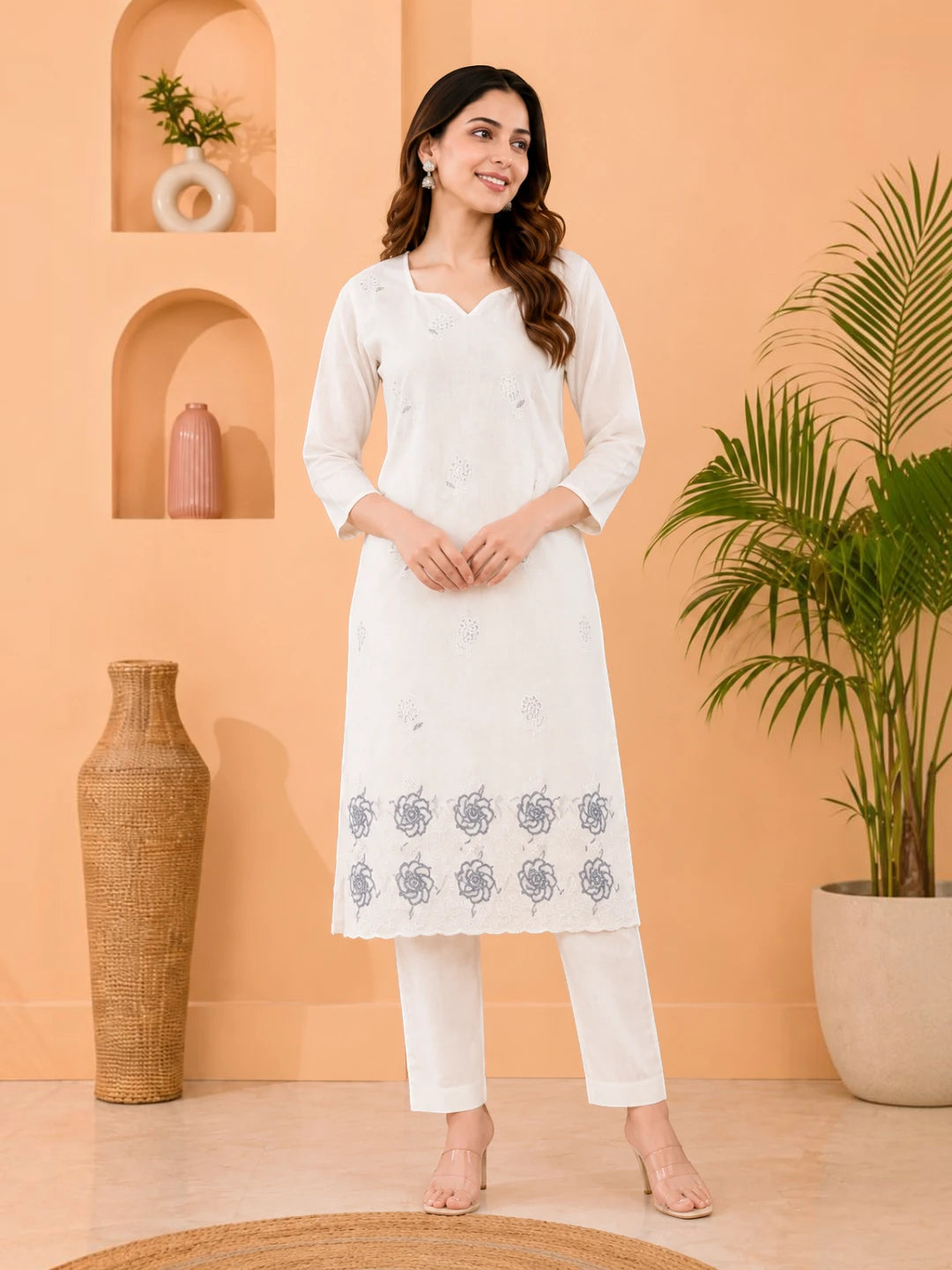 Cotton Salwar Suit Set with Daman Embroidery - Grey