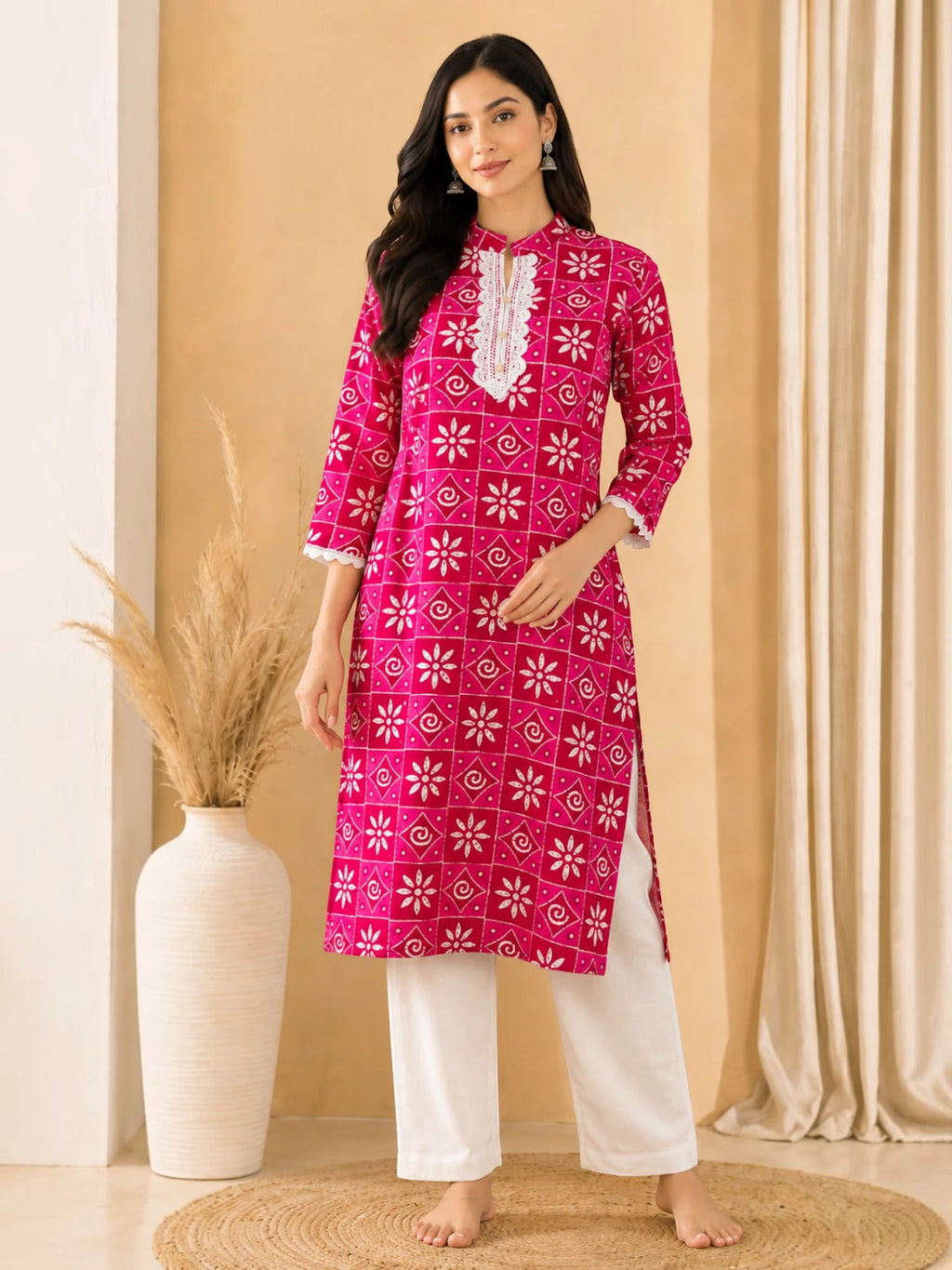 Cotton Kurta Bottom Set Pink Floral Print