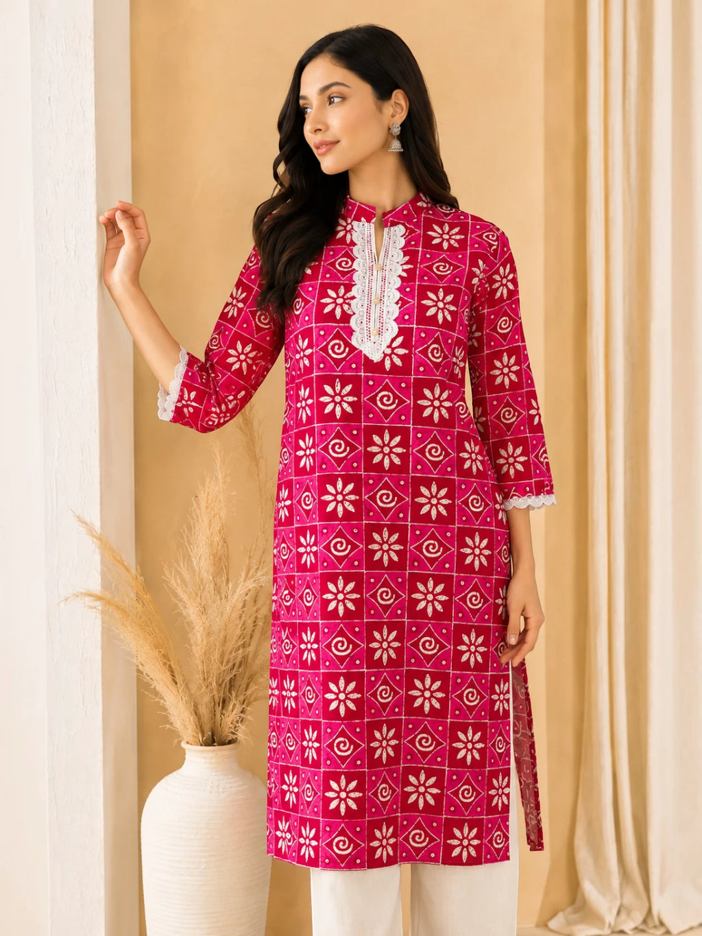 Cotton Kurta Bottom Set Pink Floral Print