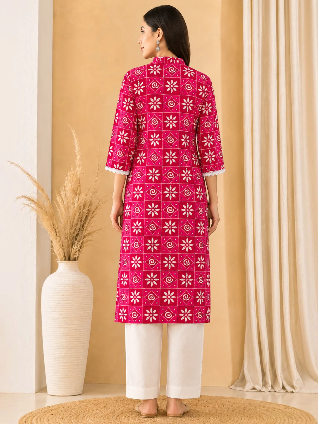 Cotton Kurta Bottom Set Pink Floral Print