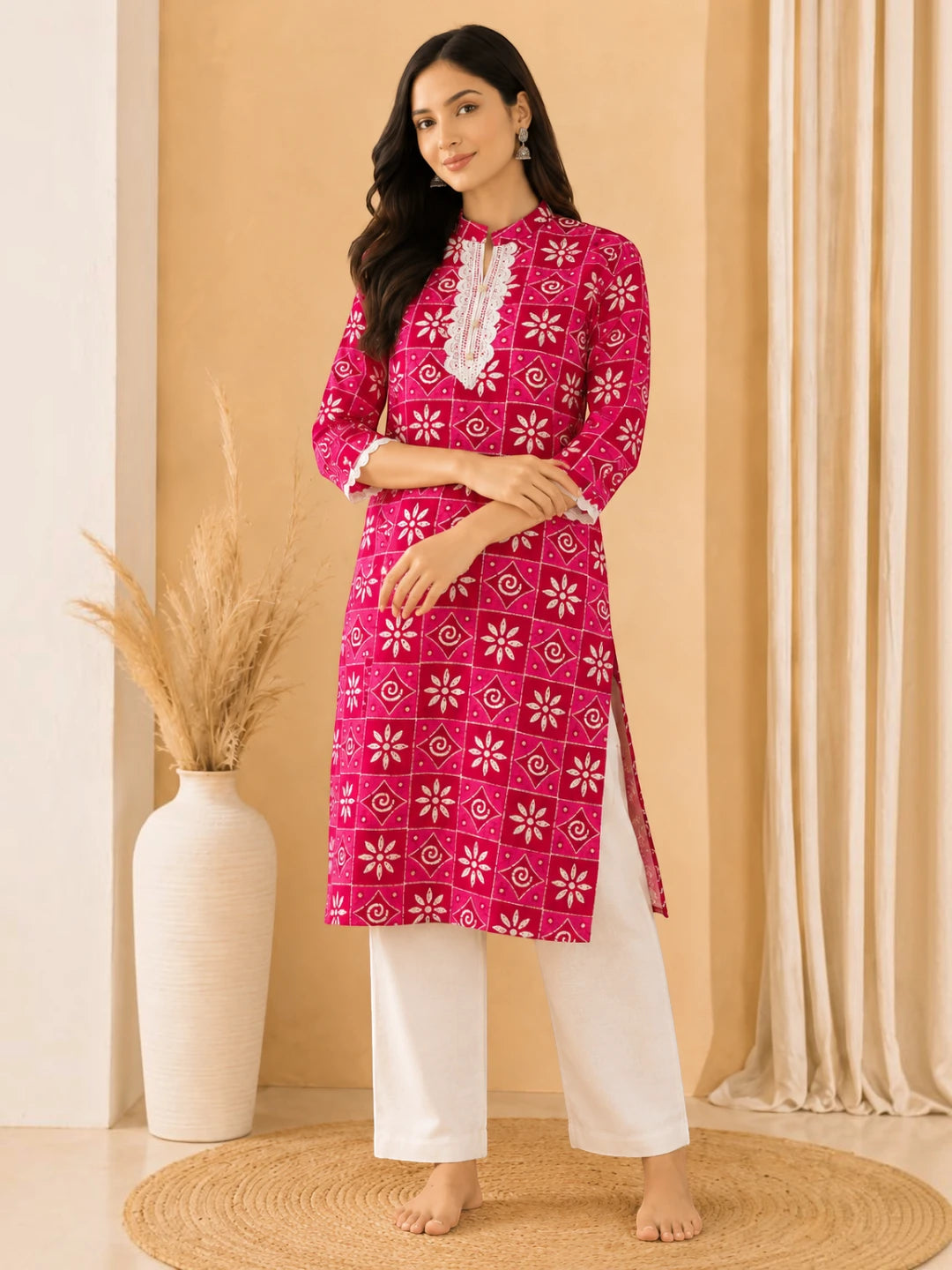 Cotton Kurta Bottom Set Pink Floral Print