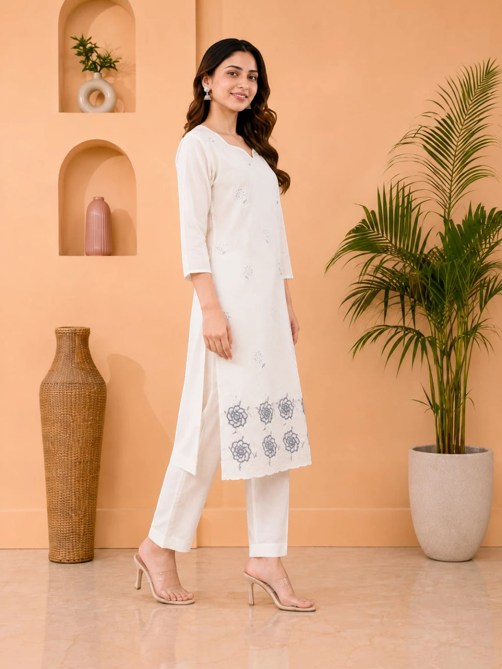 Cotton Salwar Suit Set with Daman Embroidery - Grey