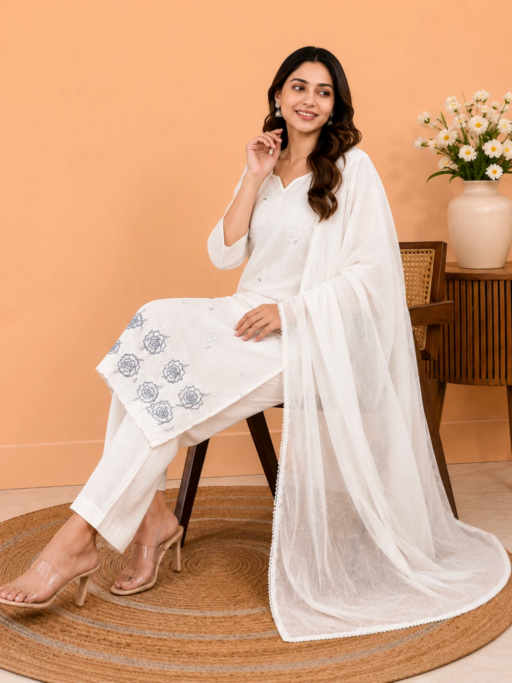 Cotton Salwar Suit Set with Daman Embroidery - Grey