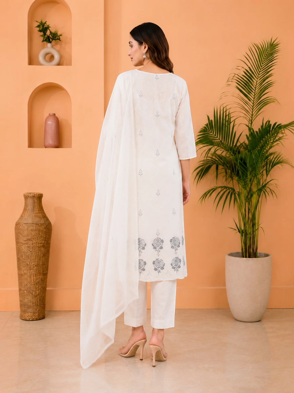 Cotton Salwar Suit Set with Daman Embroidery - Grey