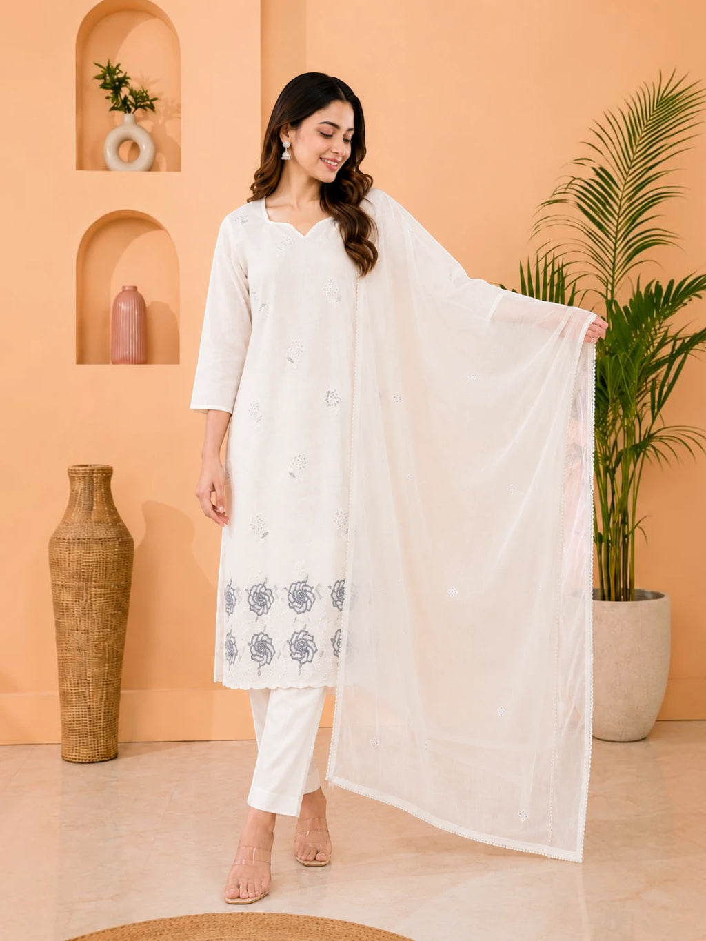 Cotton Salwar Suit Set with Daman Embroidery - Grey
