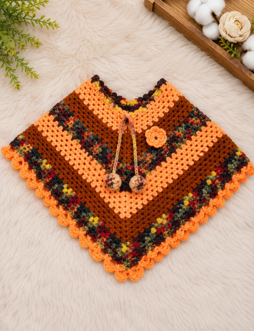 [3-4 Years] Kids Handknitted Woolen Poncho, Brown and Orange Multi-Color Pattern