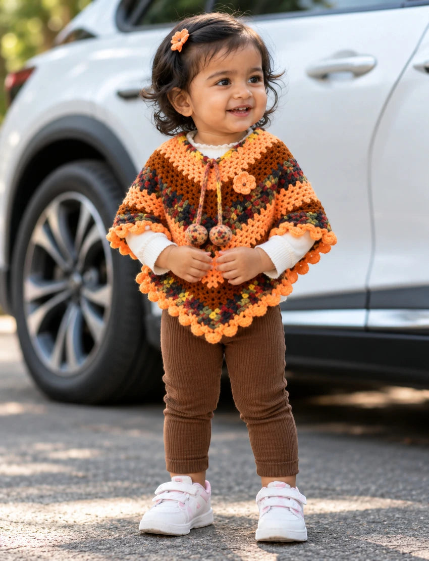 [3-4 Years] Kids Handknitted Woolen Poncho, Brown and Orange Multi-Color Pattern