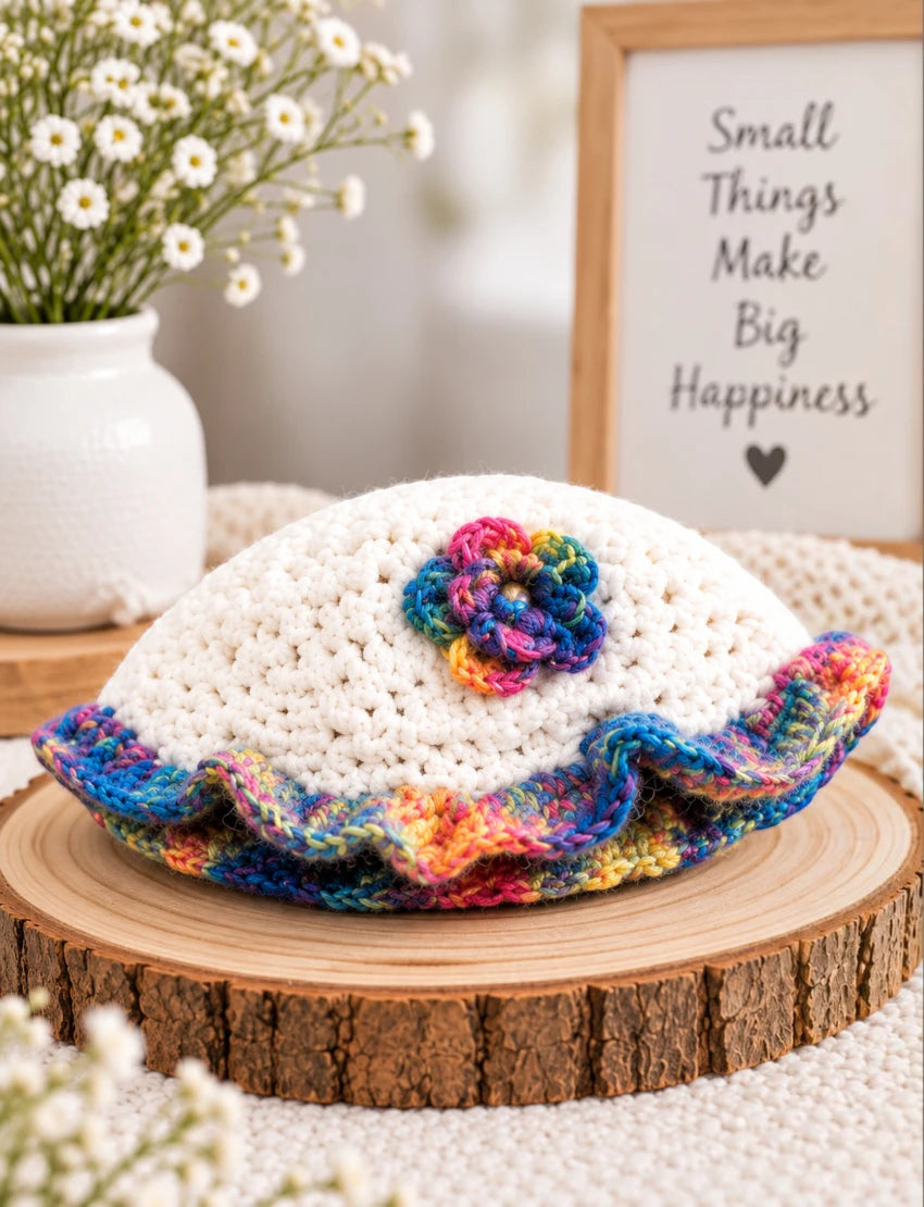 [6 Months - 1 Year] Handknitted Rainbow Striped Woolen Poncho and Cap Set for Kids