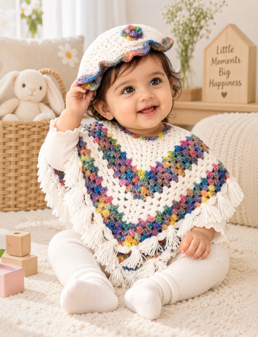 [6 Months - 1 Year] Handknitted Rainbow Striped Woolen Poncho and Cap Set for Kids