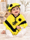 [6 Months - 1 Year] Handknitted Woolen Poncho and Cap Set for Kids, Yellow and Black, Fringed Design