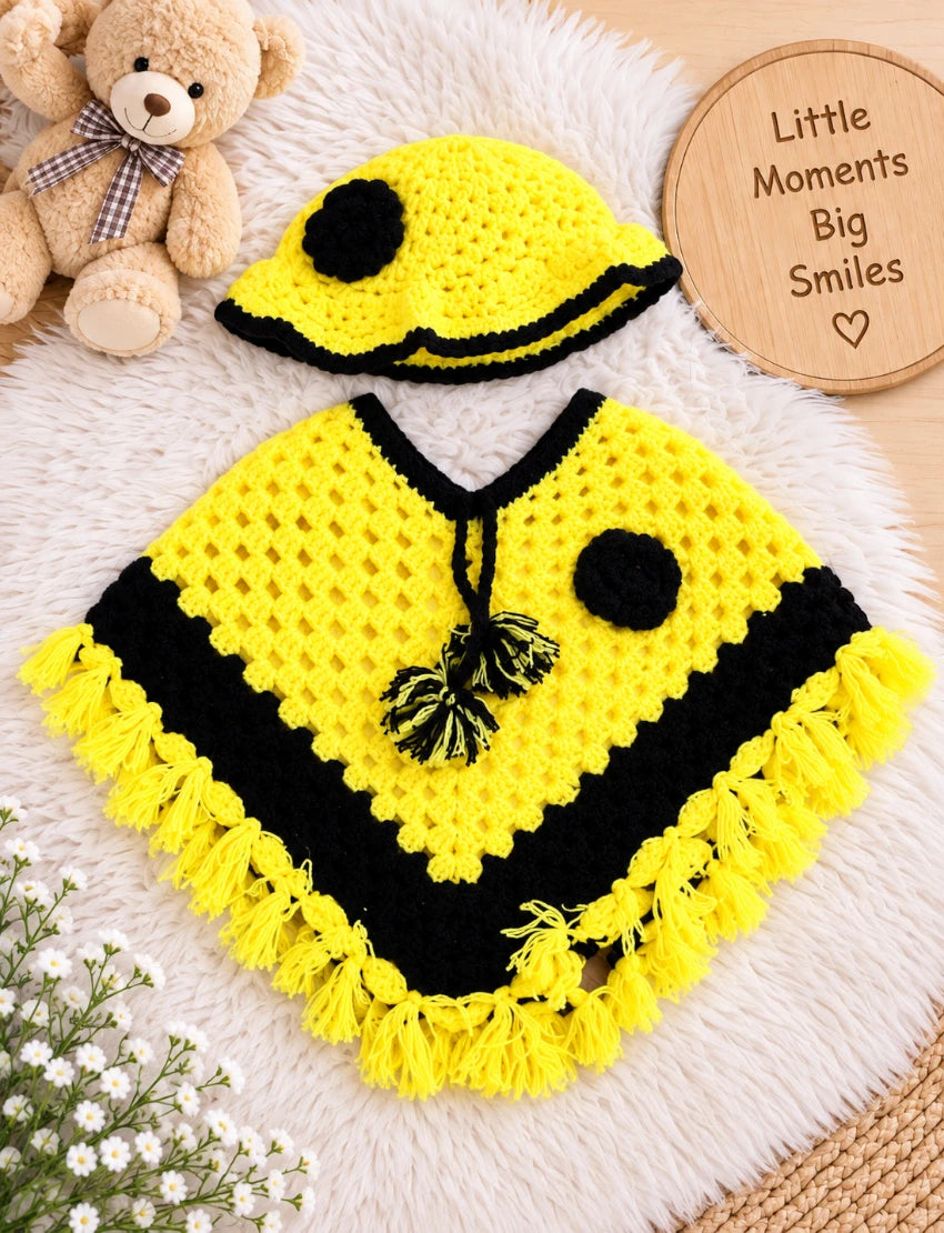 [6 Months - 1 Year] Handknitted Woolen Poncho and Cap Set for Kids, Yellow and Black, Fringed Design