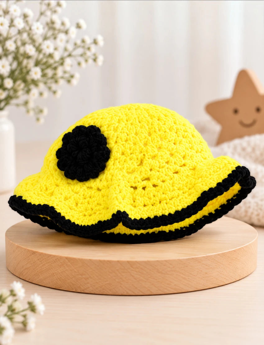 [6 Months - 1 Year] Handknitted Woolen Poncho and Cap Set for Kids, Yellow and Black, Fringed Design
