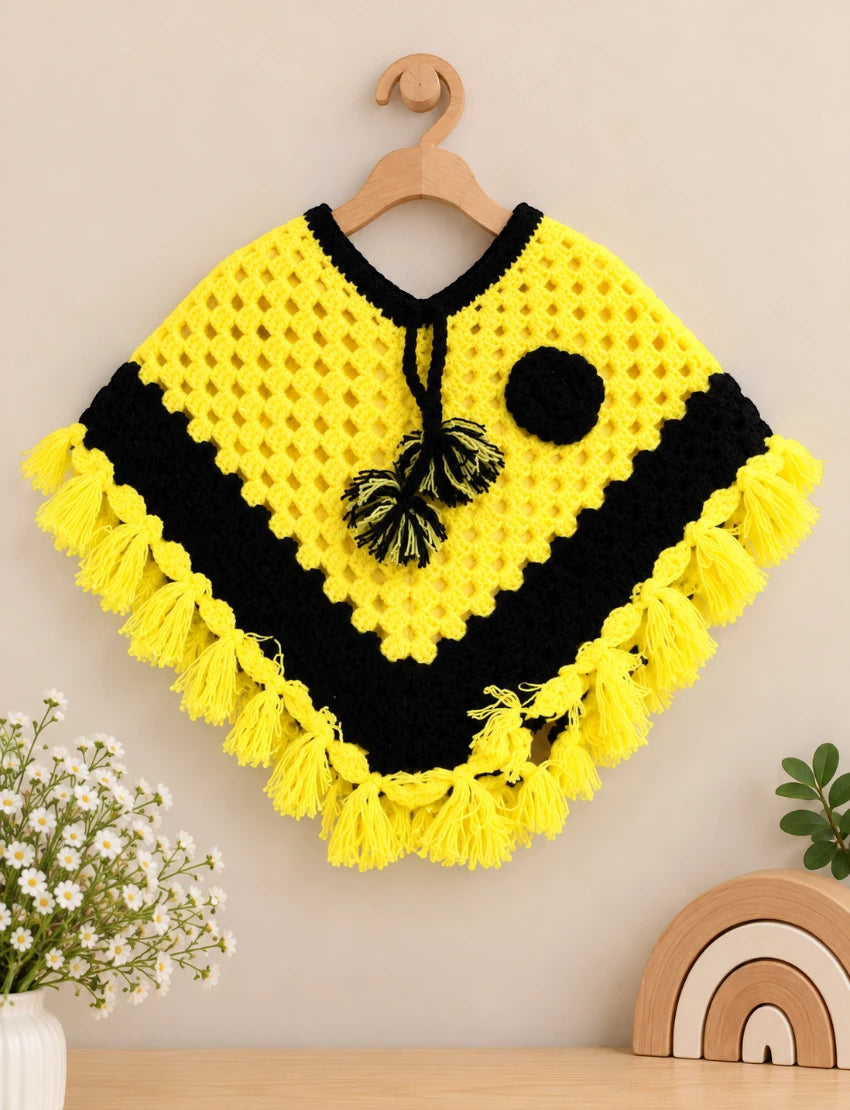 [6 Months - 1 Year] Handknitted Woolen Poncho and Cap Set for Kids, Yellow and Black, Fringed Design