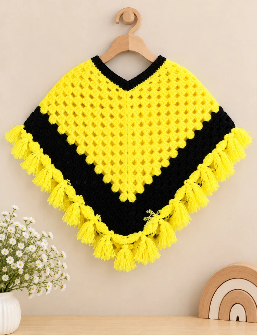 [6 Months - 1 Year] Handknitted Woolen Poncho and Cap Set for Kids, Yellow and Black, Fringed Design