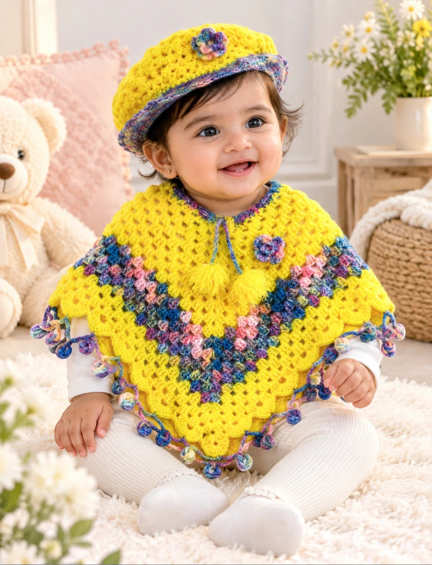 [6 Months - 1 Year] Handknitted Yellow Woolen Poncho and Cap Set for Kids