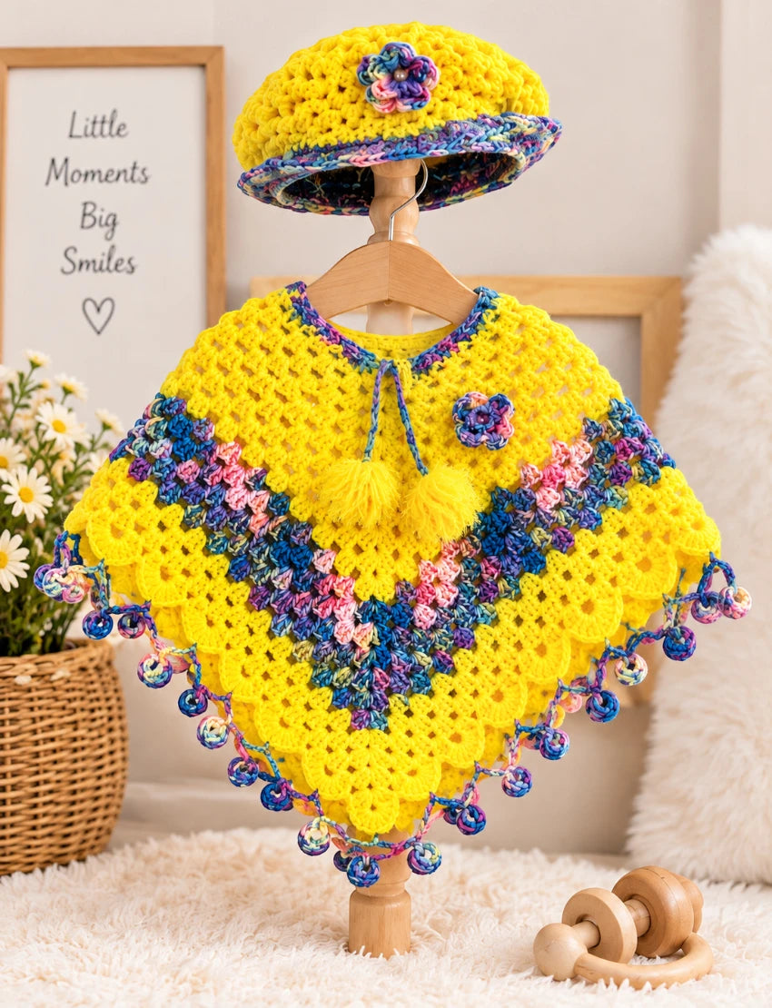 [6 Months - 1 Year] Handknitted Yellow Woolen Poncho and Cap Set for Kids
