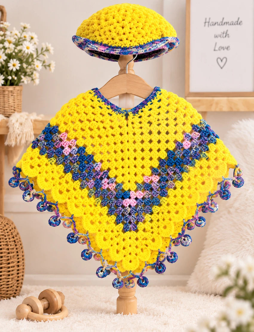 [6 Months - 1 Year] Handknitted Yellow Woolen Poncho and Cap Set for Kids