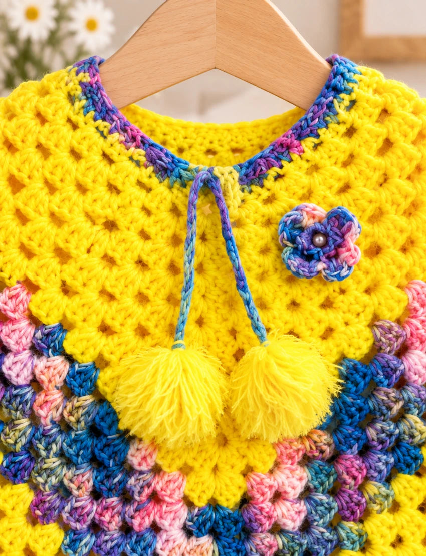 [6 Months - 1 Year] Handknitted Yellow Woolen Poncho and Cap Set for Kids