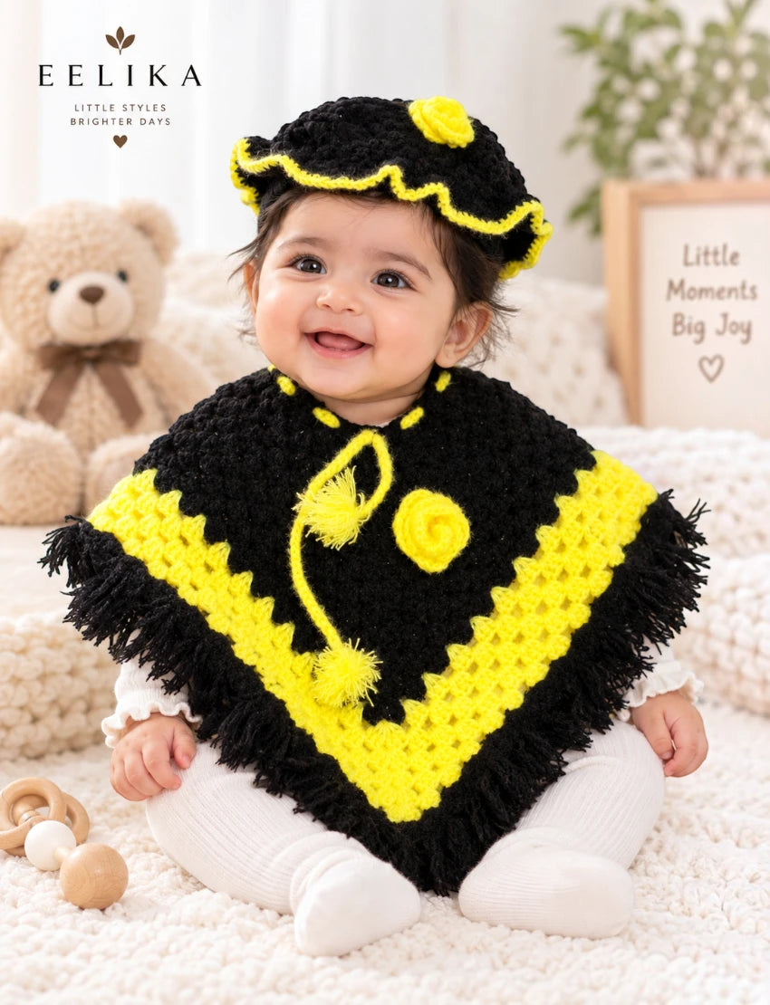 [3 -6 Months] Hand-Knitted Kids Woolen Poncho and Cap Set, Black and Yellow