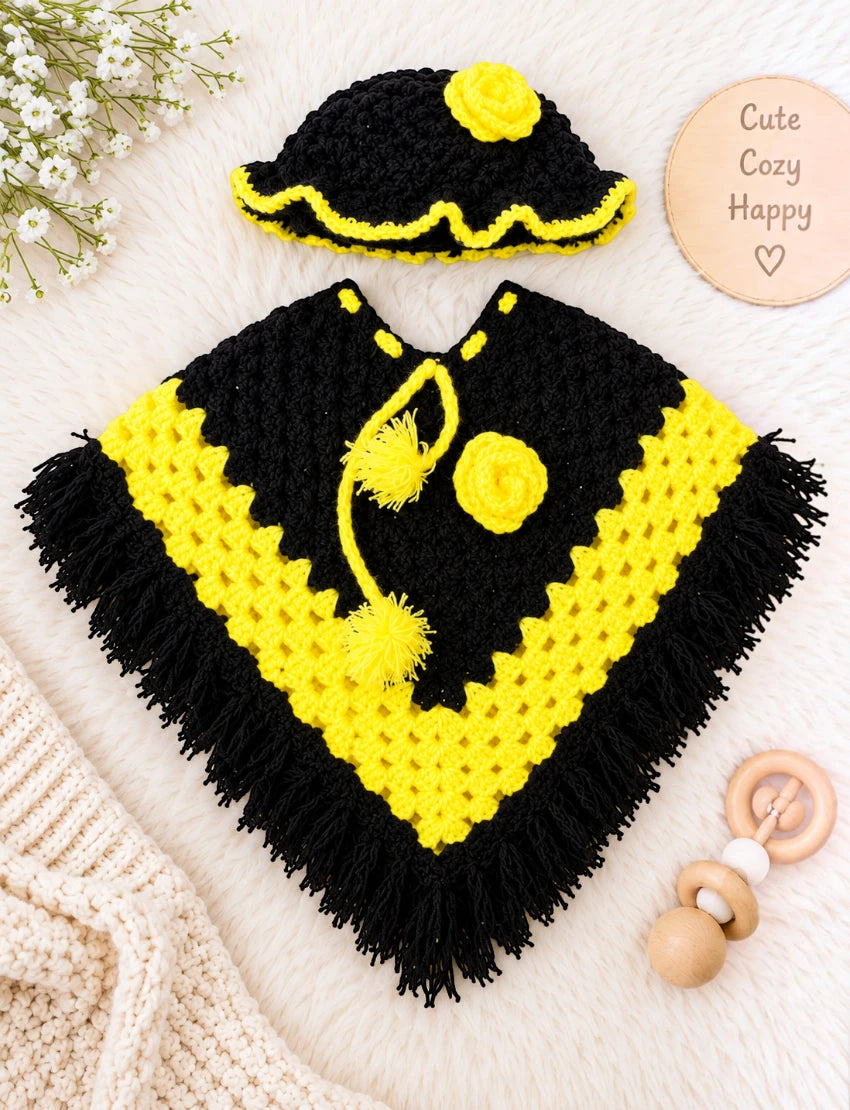 [3 -6 Months] Hand-Knitted Kids Woolen Poncho and Cap Set, Black and Yellow