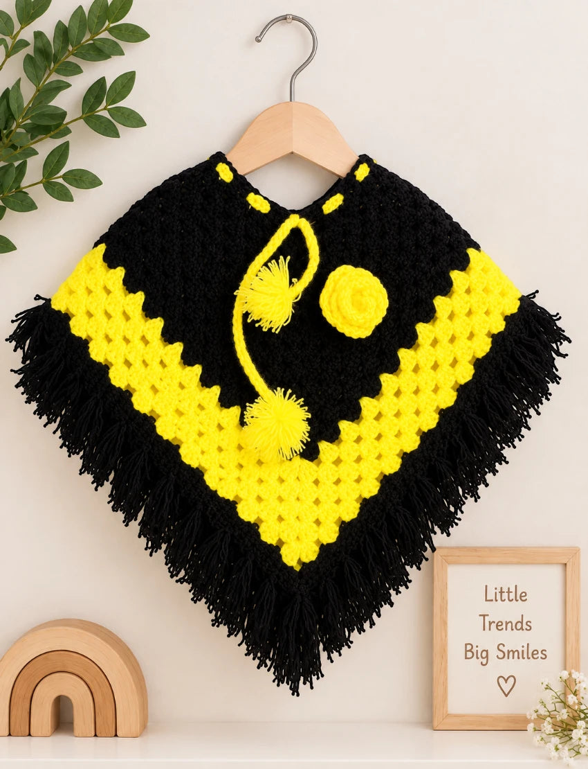[3 -6 Months] Hand-Knitted Kids Woolen Poncho and Cap Set, Black and Yellow