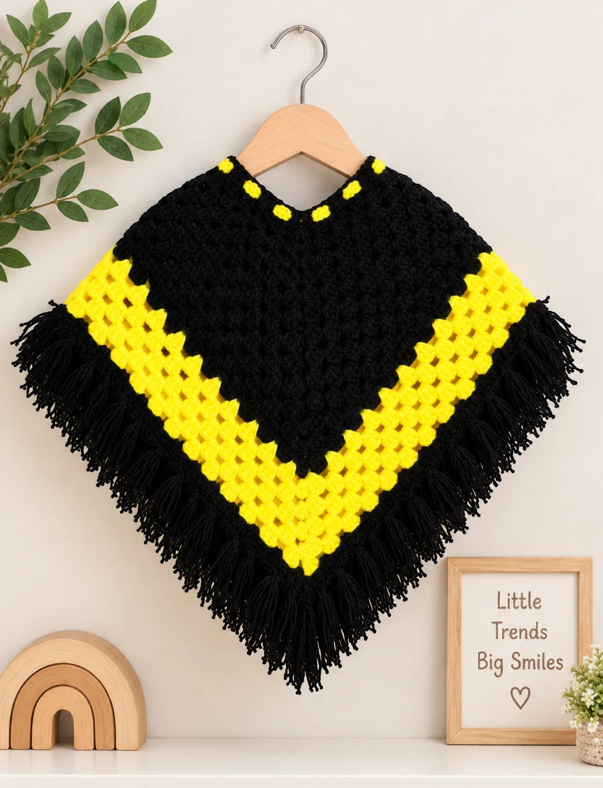 [3 -6 Months] Hand-Knitted Kids Woolen Poncho and Cap Set, Black and Yellow