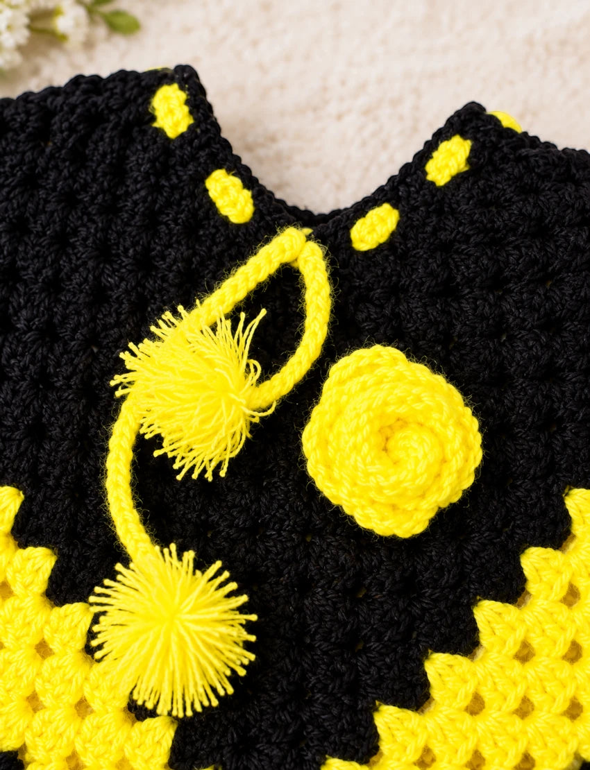[3 -6 Months] Hand-Knitted Kids Woolen Poncho and Cap Set, Black and Yellow