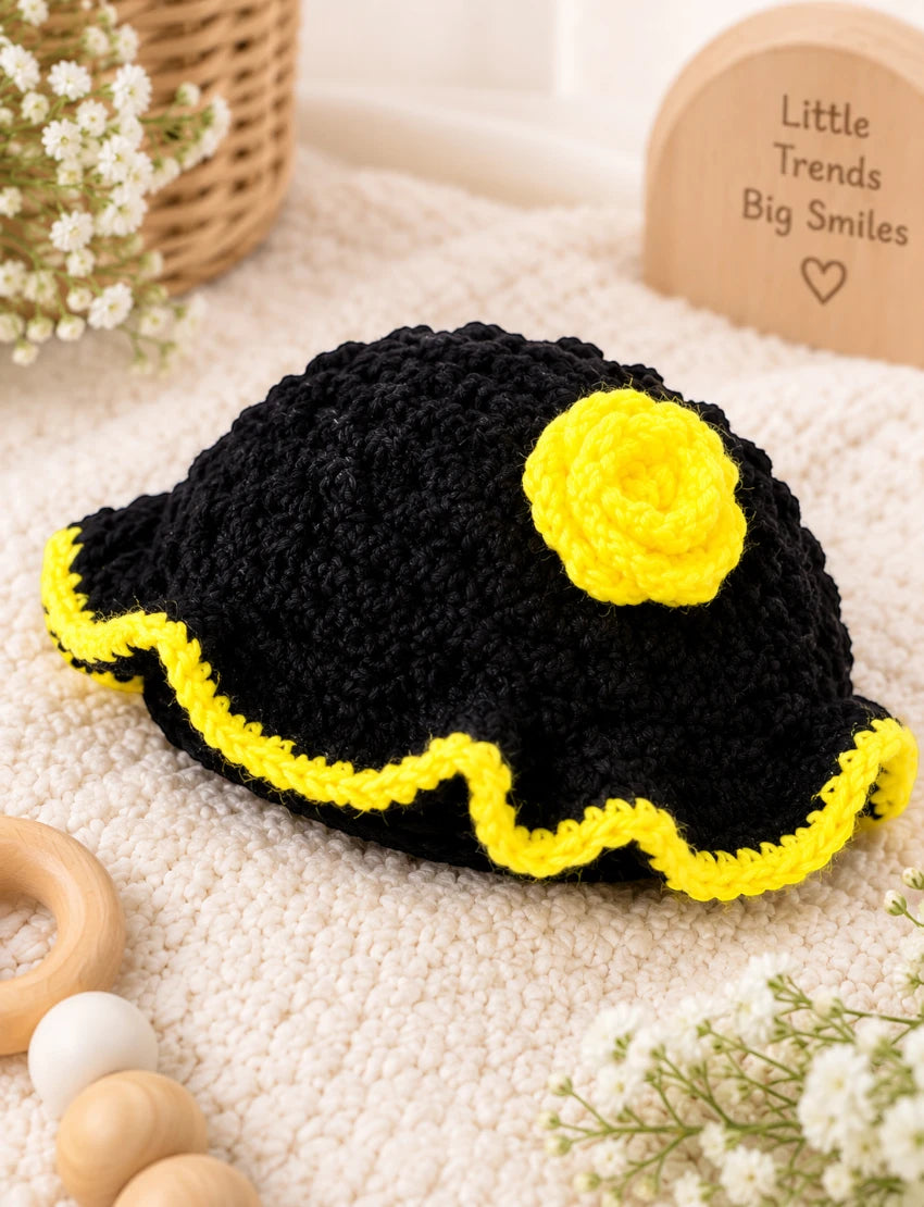 [3 -6 Months] Hand-Knitted Kids Woolen Poncho and Cap Set, Black and Yellow