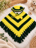 [3-4 Years] Handknitted Woolen Poncho and Cap Set for Kids, Yellow and Green Striped