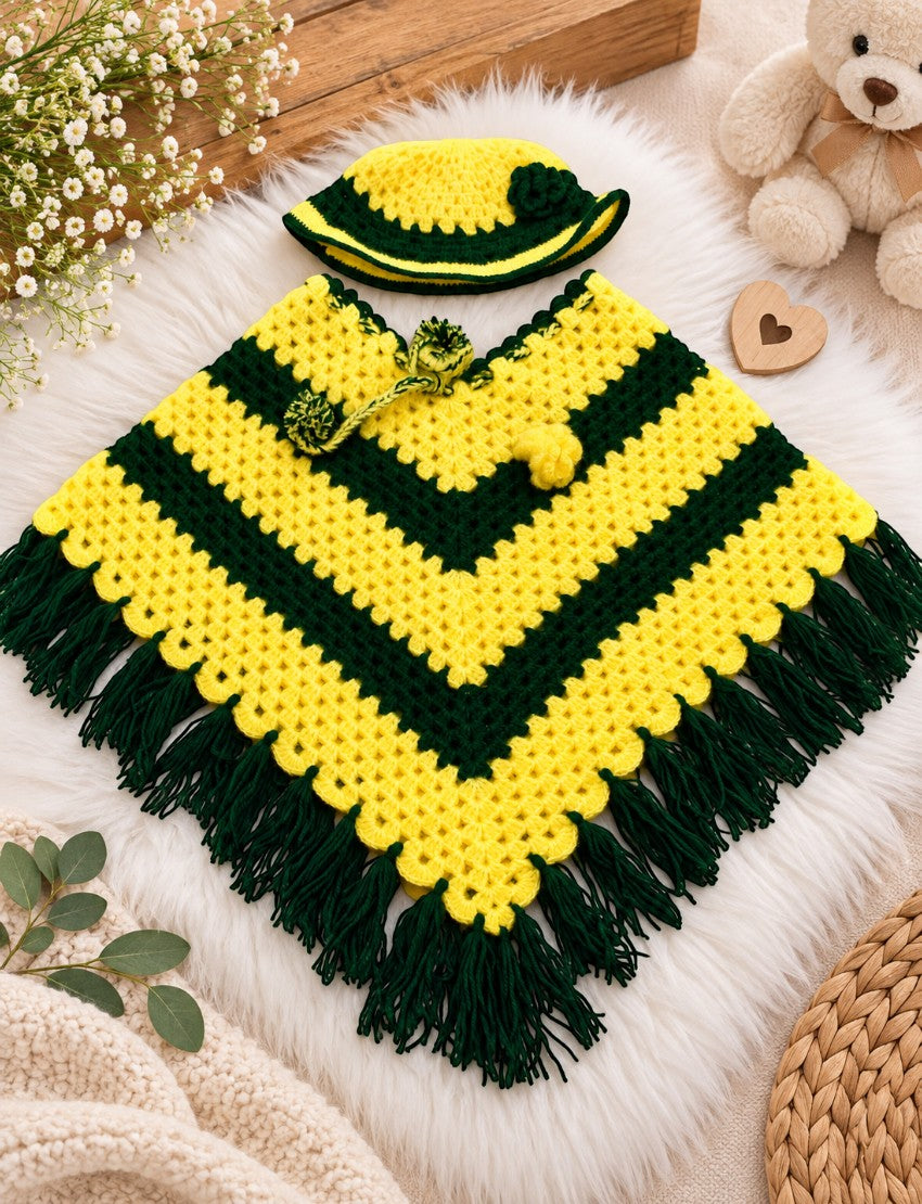 [3-4 Years] Handknitted Woolen Poncho and Cap Set for Kids, Yellow and Green Striped