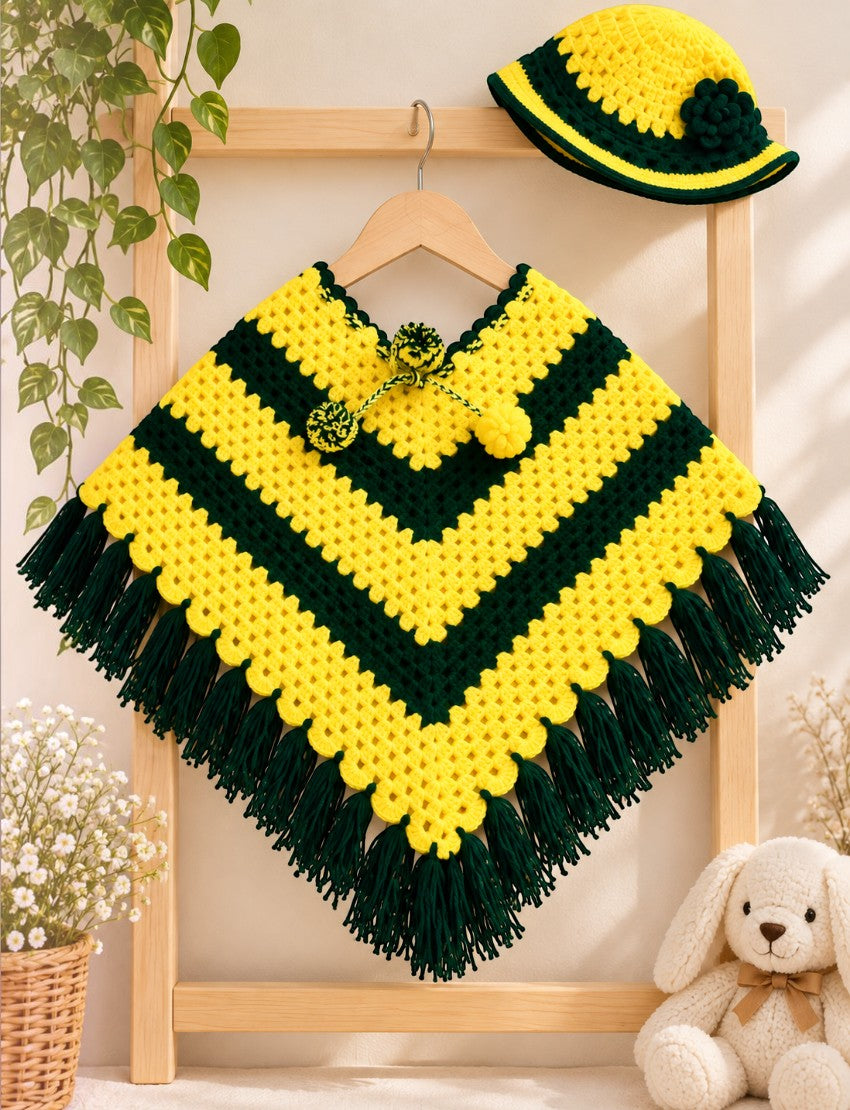 [3-4 Years] Handknitted Woolen Poncho and Cap Set for Kids, Yellow and Green Striped