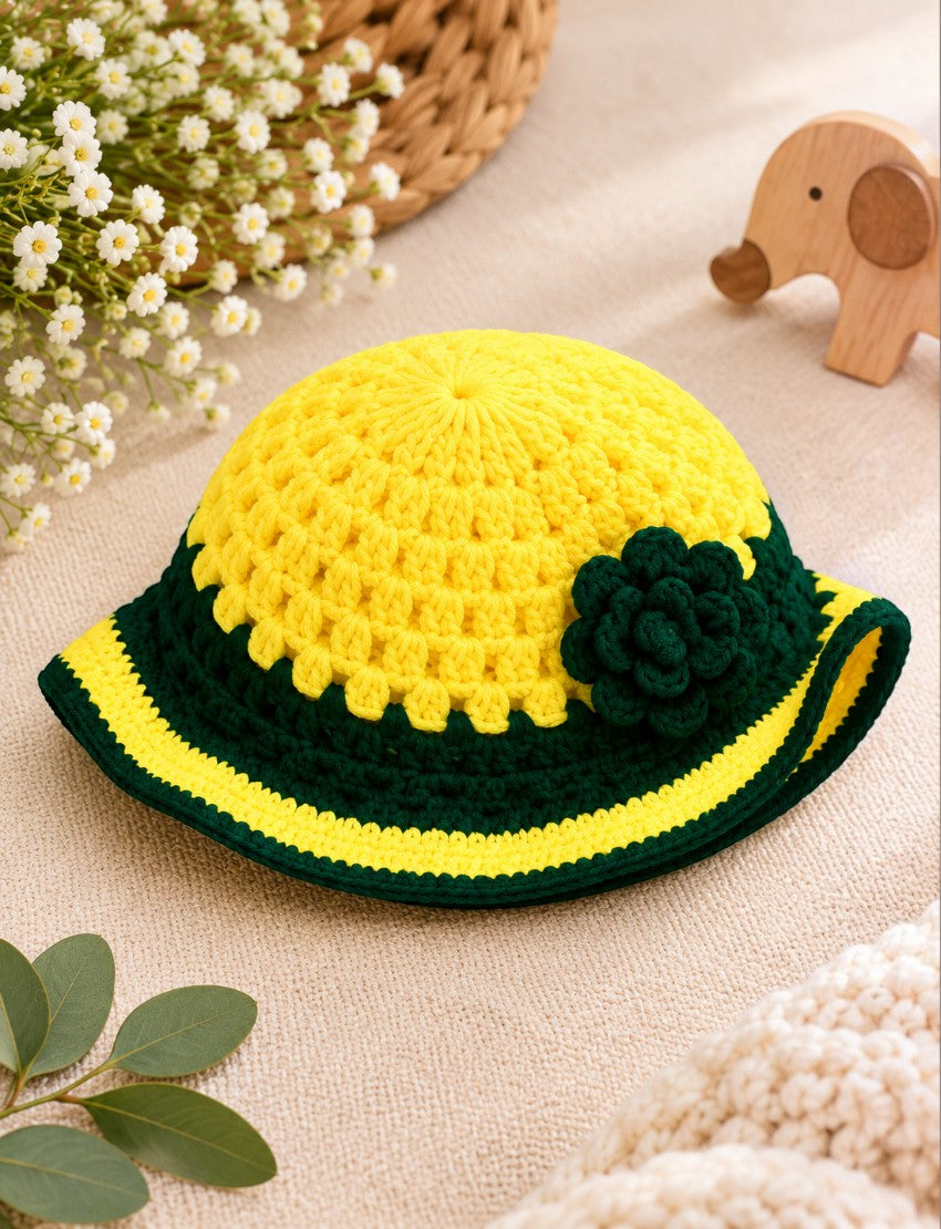 [3-4 Years] Handknitted Woolen Poncho and Cap Set for Kids, Yellow and Green Striped